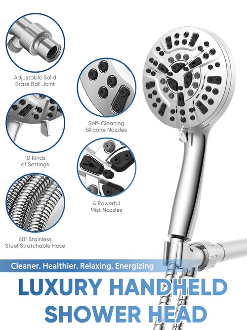 Pavezo® High Pressure Shower Head Handheld 5" Large, Extra Long 60" SS Hose 10-mode Portable Detachable Shower Head with Hard Water Filter for Bathroom, Anti-clog & Powerful to Clean Tile & Pets