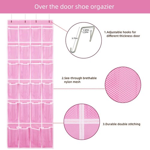 SAVERHO Hanging Shoe Organizer, Over The Door Shoe Organizer with 24 Breathable Mesh Pockets for Men Women Kids Hanging Shoe Storage Rack Organizer Size:58x21 Inch（Pink）