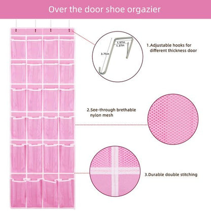 SAVERHO Hanging Shoe Organizer, Over The Door Shoe Organizer with 24 Breathable Mesh Pockets for Men Women Kids Hanging Shoe Storage Rack Organizer Size:58x21 Inch（Pink）