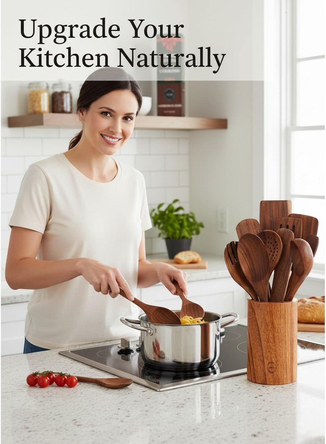 Skiennix 12-Piece Natural Teak Wood Utensil Set - Nonstick Cooking Spoons & Heat Resistant Tools