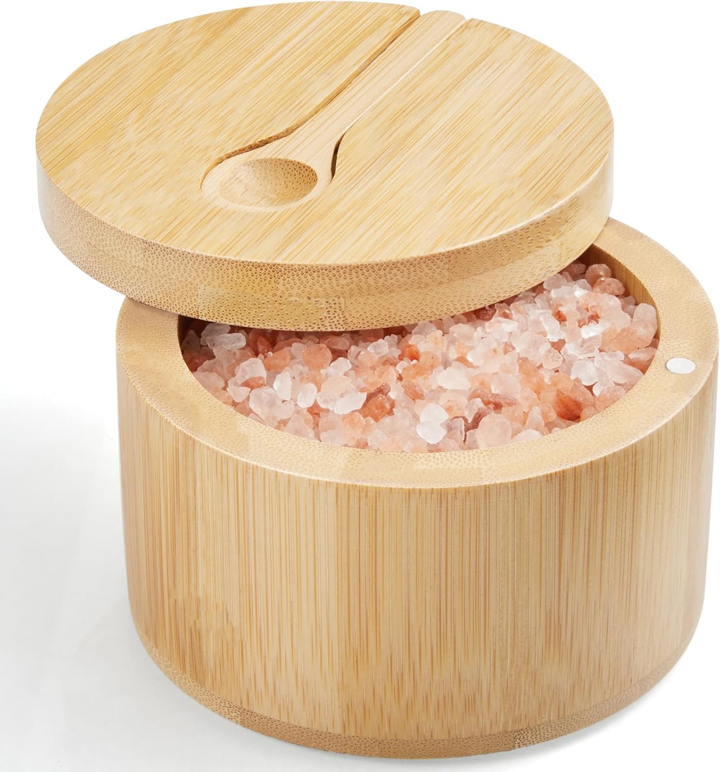 OUTNILI Bamboo Salt Box Bowl with Lid & Spoon - 360° Swivel Salt Cellar for Sea Salt & Herbs, 7 Oz Capacity