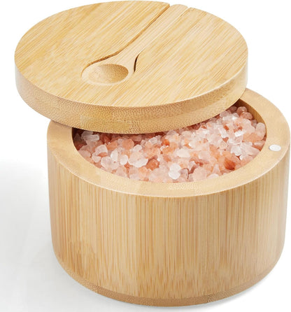OUTNILI Bamboo Salt Box Bowl with Lid & Spoon - 360° Swivel Salt Cellar for Sea Salt & Herbs, 7 Oz Capacity