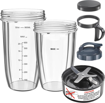 Nutribullet Replacement Blender Cups Set - 32oz & 24oz with To-Go Lid & Lip Ring | 6-Piece Accessory Kit