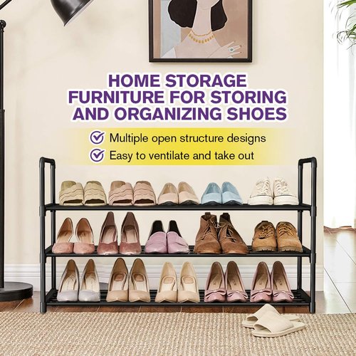 XSBAIHUO Shoe Rack - Metal Shoe Rack Organizer - Stackable Shoe Storage Shelf for Entryway, Closet, Bathroom 30cm(D) x 92cm(W) x 55cm(H) -Black (3-Tier)