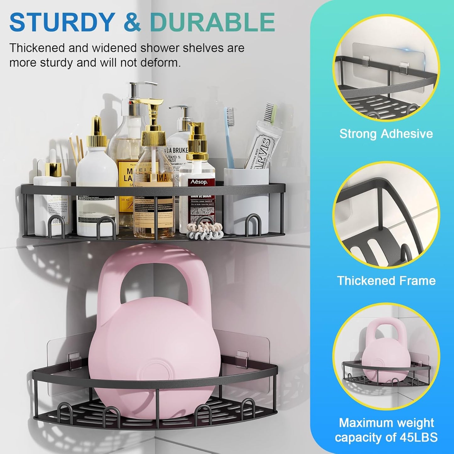 Skiennix Corner Shower Caddy - 2 Pack Adhesive Bathroom Organizer Shelf | No Drilling, Rustproof, Black