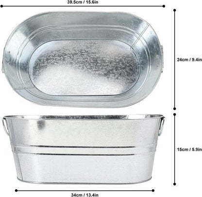 2 Pack Silvery Metal Ice Bucket with Handle, 3 Gallon Large Galvanized Bucket, Oval Beverage Tub, Wine Beer Drink Buckets, Drink Holder for Party, Cocktail Bar, Holiday, Party, Wedding