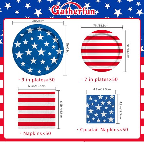 American Flag Party Supplies - Disposable Dinner & Dessert Paper Plates with Napkins | Serve 50 for Veterans Day & 4th of July