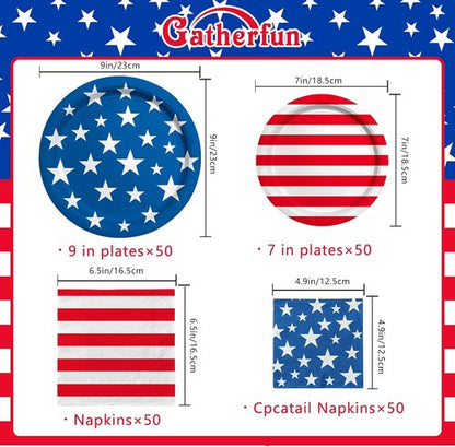 American Flag Party Supplies - Disposable Dinner & Dessert Paper Plates with Napkins | Serve 50 for Veterans Day & 4th of July