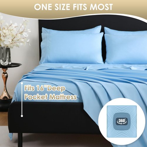 CozySmile Luxury Silky Soft Bed Sheet Set - 6 Piece Full Size | Fits 16" Deep Pocket Mattresses, Wrinkle-Free & Breathable Cooling, Sky Blue