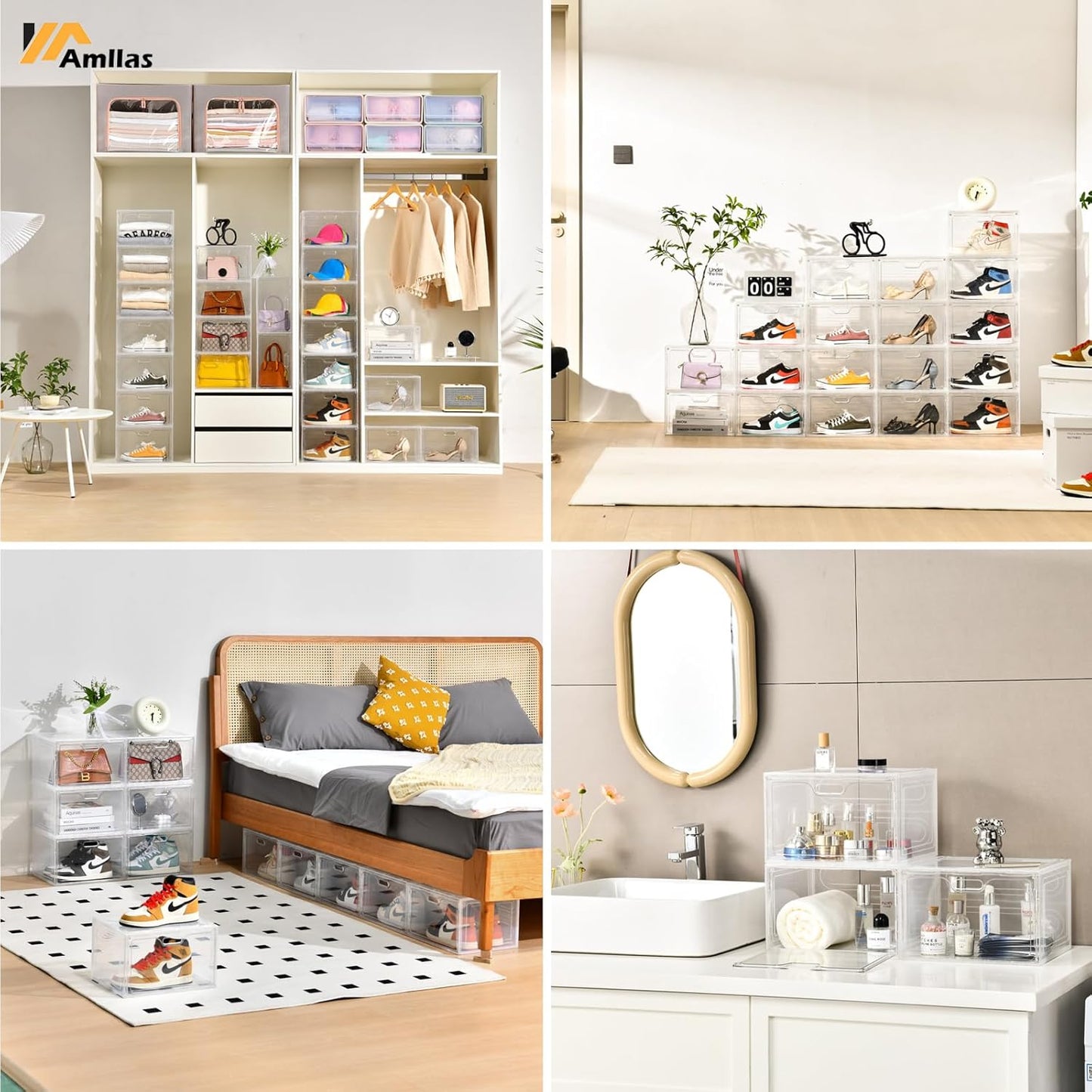 Amllas Clear Plastic Shoe Boxes - Stackable Large Storage Organizers with Lids | Fits Up to US Size 13 (13” x 10.6” x 8.3”)
