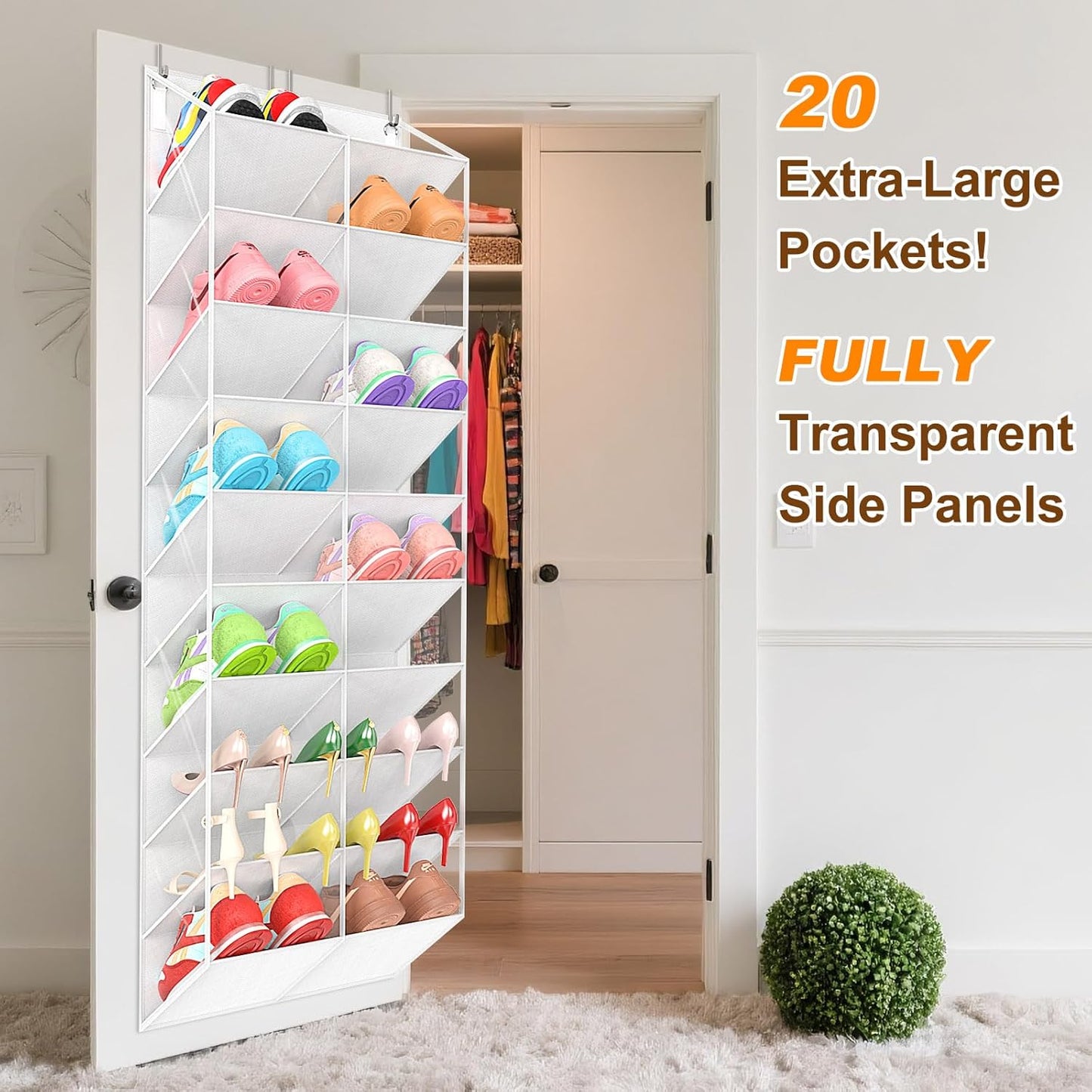 UVIAHOMI Over The Door Shoe Organizer - 10-Tier Clear Pocket Storage for Sneakers, Boots & Heels - White