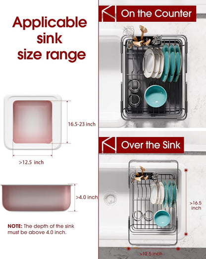 Skiennix Extendable Dish Drying Rack - Over Sink Storage with Utensil Holder | 12" W x 16.1-23" L, Silver