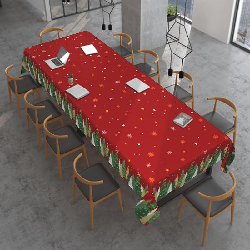 Red 60x120 Inch Christmas Tablecloth - Snowflake & Tree Print, Rectangular