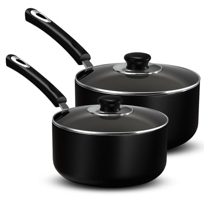 Utopia Kitchen Nonstick Stock Pot Saucepan Set with Lids, 1 Quart and 2 Quarts Multipurpose Stock Pots Set for Home, Kitchen or Restaurant, Black
