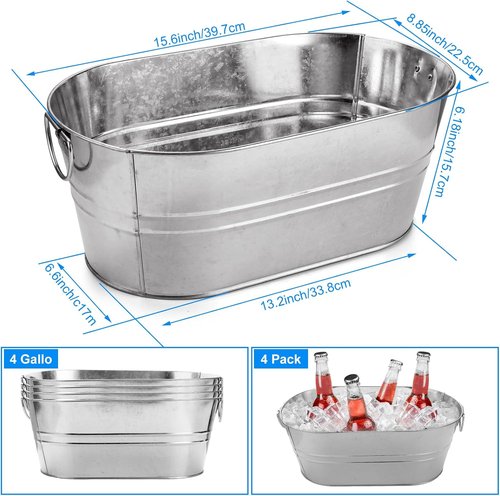 CertBuy 4 Pack Galvanized Tub 4 Gallon Ice Bucket with Handle Large Metal Champagne Drink Bucket Galvanized Ice Buckets for Parties Mimosa Bar Cocktail Bar