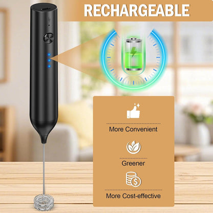 Skiennix Rechargeable Milk Frother - Handheld Electric Whisk with 3 Speeds & 2 Heads | Black