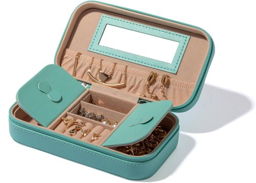 BINO Jewelry Case - Stylish Portable Organizer with Mirror for Earrings, Rings & Necklaces | Aqua