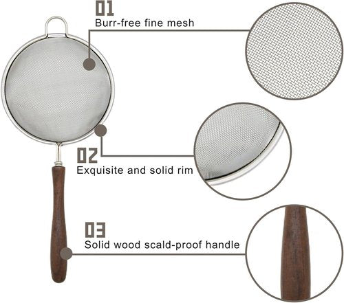 304 Stainless Steel Mesh Strainer Set by [Brand Name] - Durable Colander with Wooden Handle | Perfect for Food, Tea, Rice, and More