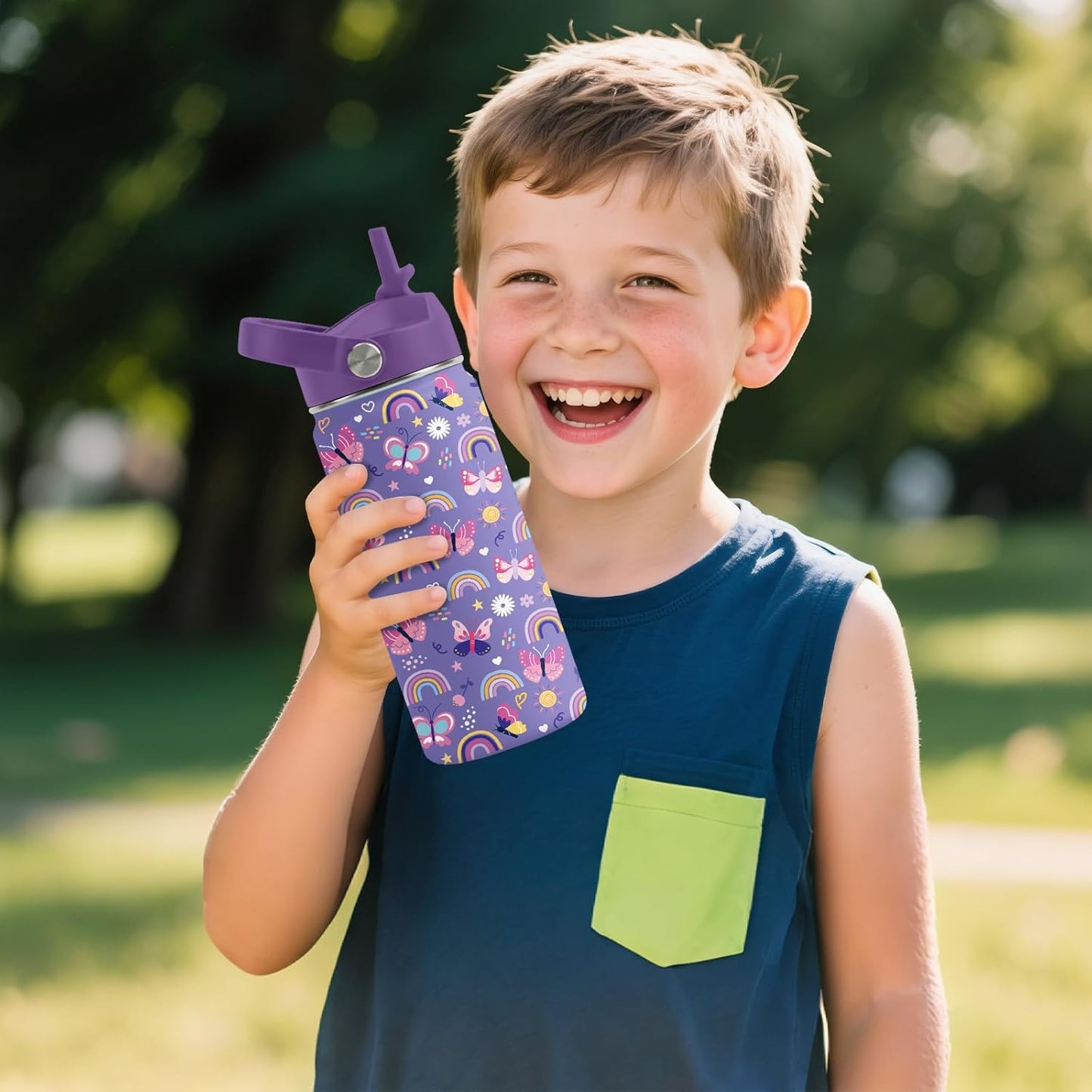Skiennix 16oz Purple Kids Water Bottle - Stainless Steel Insulated Tumbler with Straw Lid | Leakproof & BPA-Free, Perfect for School & Travel