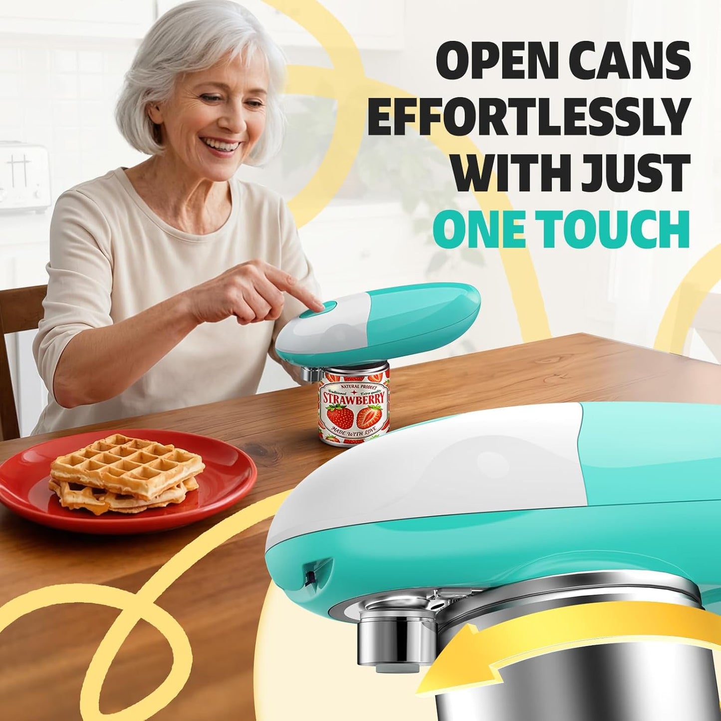 One Touch Electric Can Opener - Automatic Hands-Free Kitchen Gadget for Seniors | Smooth Edge, Battery Operated