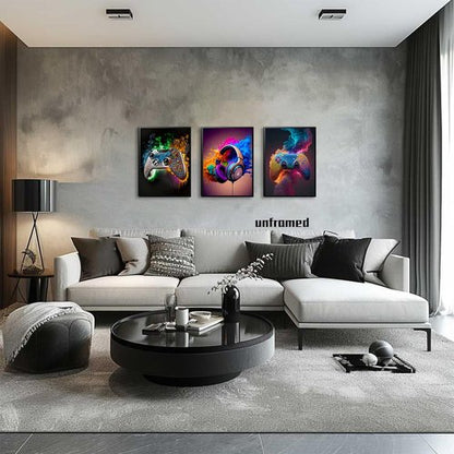 Gaming Room Canvas Wall Art Set of 3 - Vibrant Game Posters for Boys' Room | Unframed 12x16 In