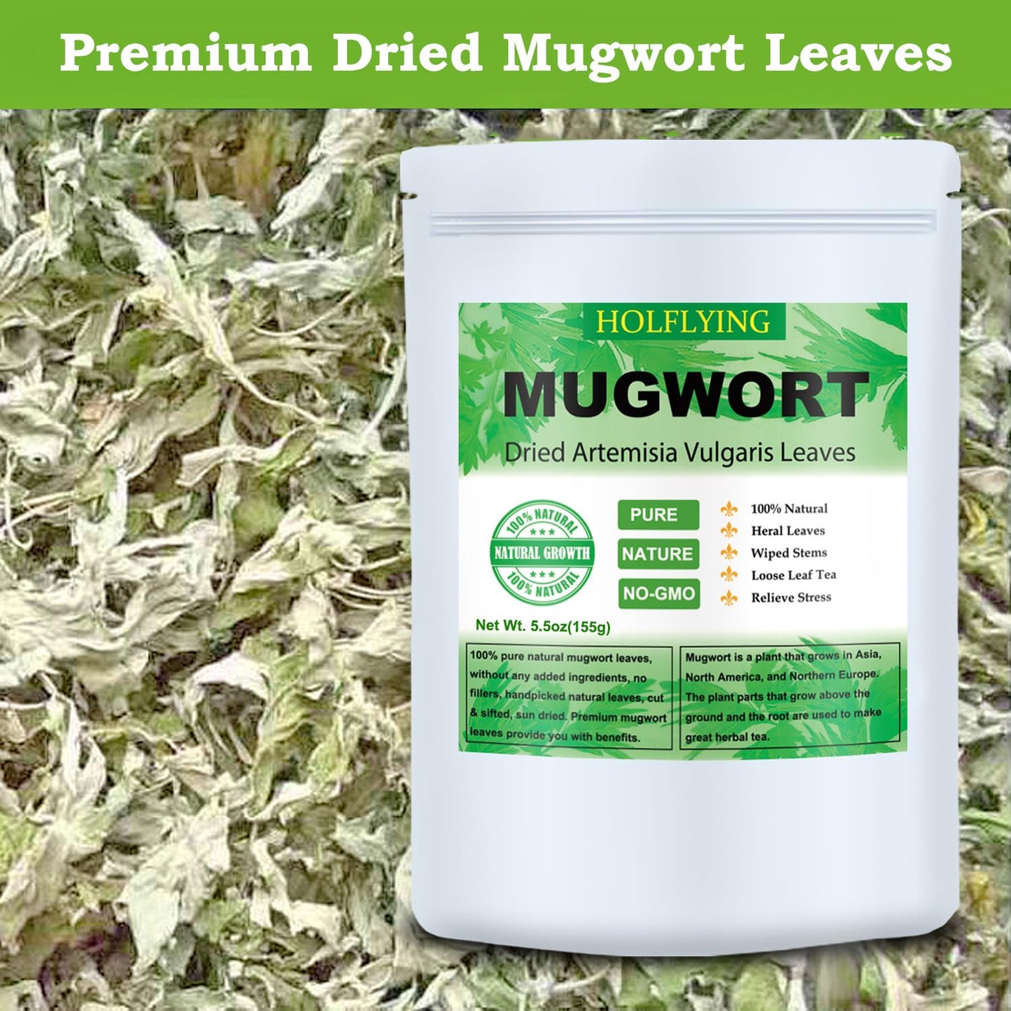 Dried Mugwort Leaves, 5.5oz(155.0g), Mugwort Leaf, Natural Artemisia Vulgaris Herbal Loose Leaves