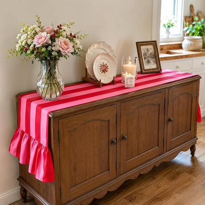 Ruffle Table Runner 13x72 inch - Boho Pink Red Striped Decorative Home Wedding Party