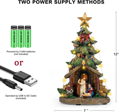 VISFLAIR 12'' Lighted Christmas Nativity Scene - Musical Holy Family Figurines with LED Lights