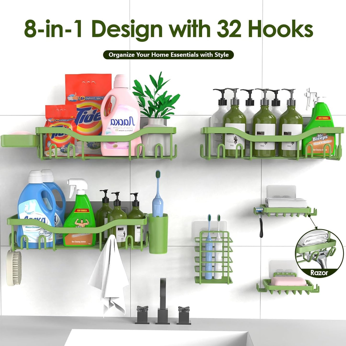 NESOMI Shower Caddy - Rustproof Stainless Steel Organizer with Soap Dish & Hooks | 8-Pack, No-Drill Storage