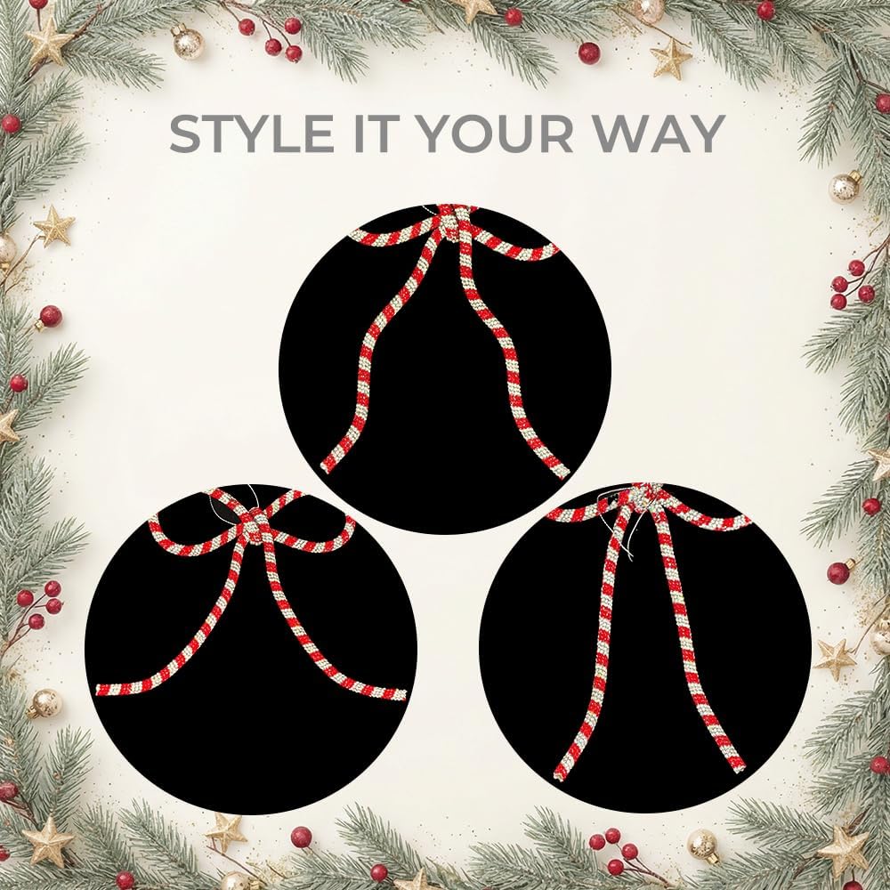 Regine Switzerland Handmade Rhinestone Christmas Bow Ornaments - Glitter Candy Cane Design | Red & Silver, Small, Reusable Holiday Décor