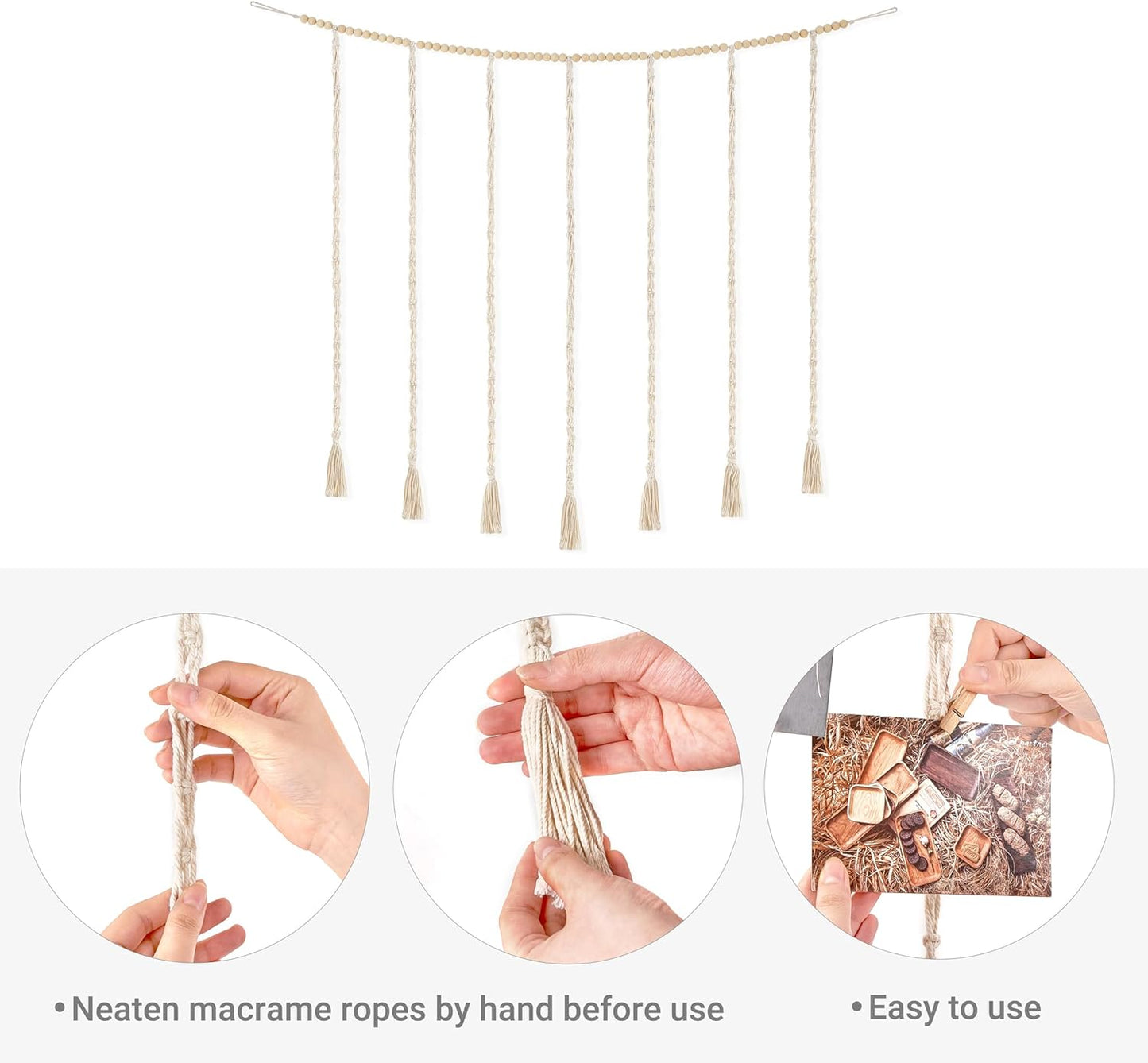 Mkono Macrame Photo Display Wall Decor - Boho String Lights & Wooden Beads | 45 Clip Collage Frame for Bedroom & Dorm