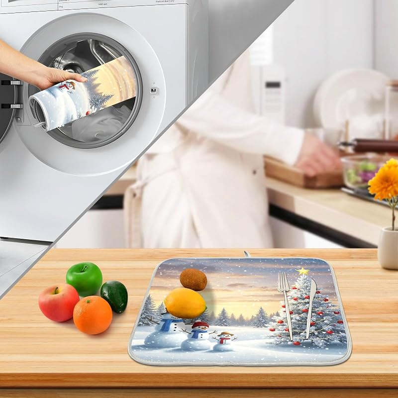 Christmas Tree and Snowman Dish Drying Mat - 18 x 16 Inch, Absorbent Microfiber Pad