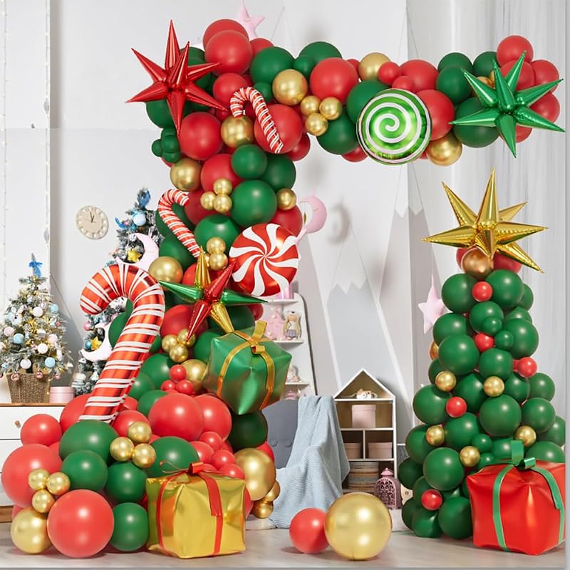 Christmas Balloon Garland Arch Kit - Red, Green & Gold Party Decor