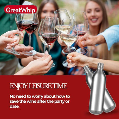 GreatWhip Argon Gas Capsules Compatible with Wine Preservation Systems (10 Packs) - Silver, Plastic, Cyclindrical Bottle Stopper for Wine Preservation