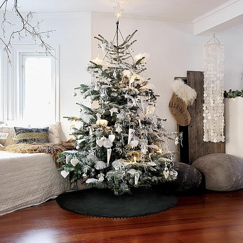 Black 48 Inch Christmas Tree Skirt - Burlap Double Layer with Pom Poms, Rustic Santa Decor (Variation: Black+48inch)