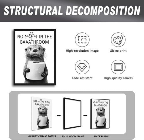 Framed Funny Bathroom Wall Art - Cute Otter Holding Toilet Paper | Black and White Canvas Print - 8x10in