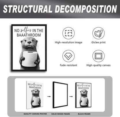 Framed Funny Bathroom Wall Art - Cute Otter Holding Toilet Paper | Black and White Canvas Print - 8x10in