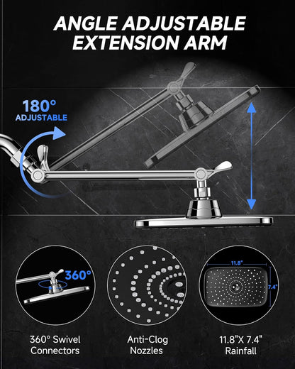 Veken 11.8" Rain Shower Head - Rectangular Stainless Steel Showerhead with Adjustable Arm & High Pressure | Chrome Finish