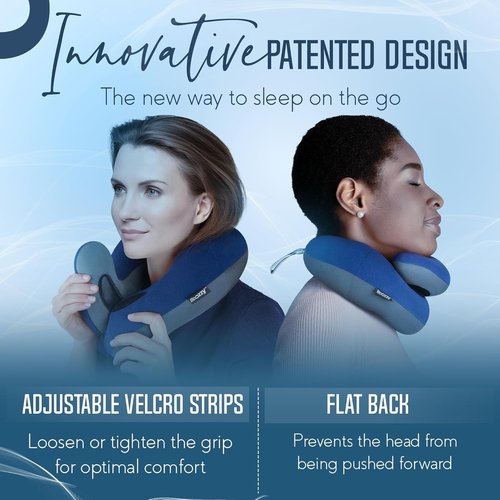 BCOZZY Travel Neck Pillow - Patented Double Support for Head, Neck & Chin | Adjustable Size, Large Navy, Fully Washable
