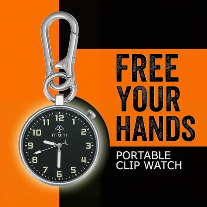 Clip On Pocket Watch with Luminous Dial, Carabiner Clip - Silver Case, Black Dial (1.54 in) - ITIOITI