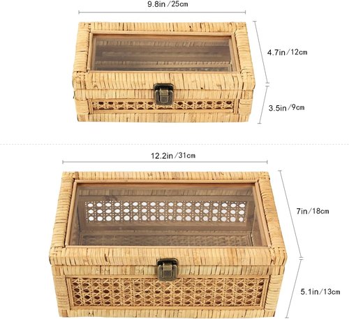 HUAXIN CRAFT Rattan Decorative Box Set - Rectangular Woven Design with Glass Lid for Stylish Display