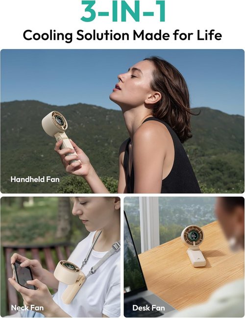 Aecooly Portable 3-in-1 Handheld Fan - USB Rechargeable Mini Fan with 22H Max Cooling Time | Travel-Friendly Beige
