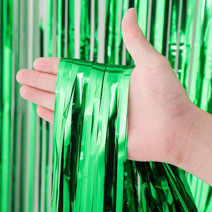 Voircoloria Green Foil Fringe Backdrop Curtains - 3 Pack Tinsel Streamers for Parties & Events | 3.3x8.2 Feet