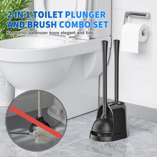 LOVLOY Toilet Plunger and Brush, Bowl Brush and Heavy Duty Toilet Plunger Set with Ventilated Holder, 2-in-1 Toilet Brush and Plunger Combo for 5.3-inch Toilet Drain Bathroom Cleaning (Black)