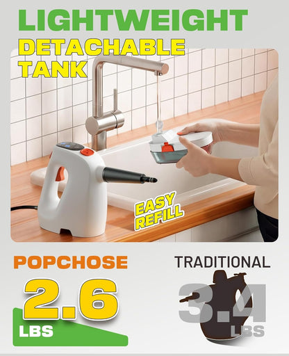 POPCHOSE Steam Cleaner with Detergent Dispenser, 15s Heat-Up Handheld Steam Cleaner for Home, 500ml Removable Water Tank, Lightweight Portable Steamer for Cleaning Grout, Windows, Kitchen, Easy Refill