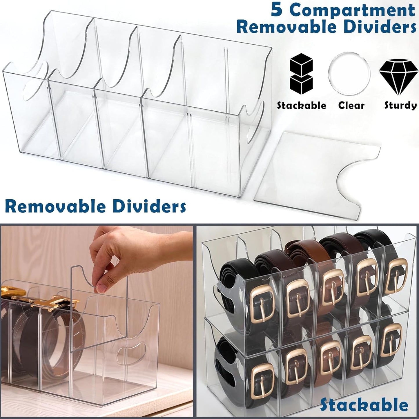 Skiennix Belt Organizer - 2 Pack Clear Stackable Storage Solution | 5 Compartments with Removable Dividers for Ties, Socks, Underwear