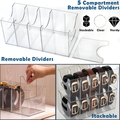 Skiennix Belt Organizer - 2 Pack Clear Stackable Storage Solution | 5 Compartments with Removable Dividers for Ties, Socks, Underwear