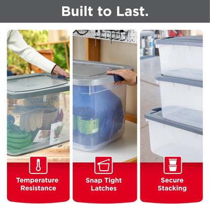 Rubbermaid Roughneck 66 Qt Storage Containers - Pack of 4 with Latching Grey Lids | Sturdy & Stackable Design