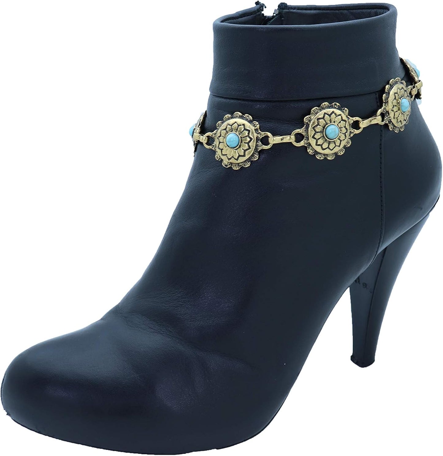 TrendyFashionJewelry | Women's Western Bohemian Boot Chain Bracelet Anklet - Antique Gold with Blue Flower Charm