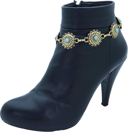 TrendyFashionJewelry | Women's Western Bohemian Boot Chain Bracelet Anklet - Antique Gold with Blue Flower Charm